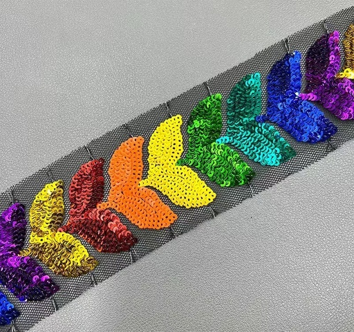 [Q02-056-6CM-10Y] 彩色树叶网底刺绣亮片花边 6CM 10Y